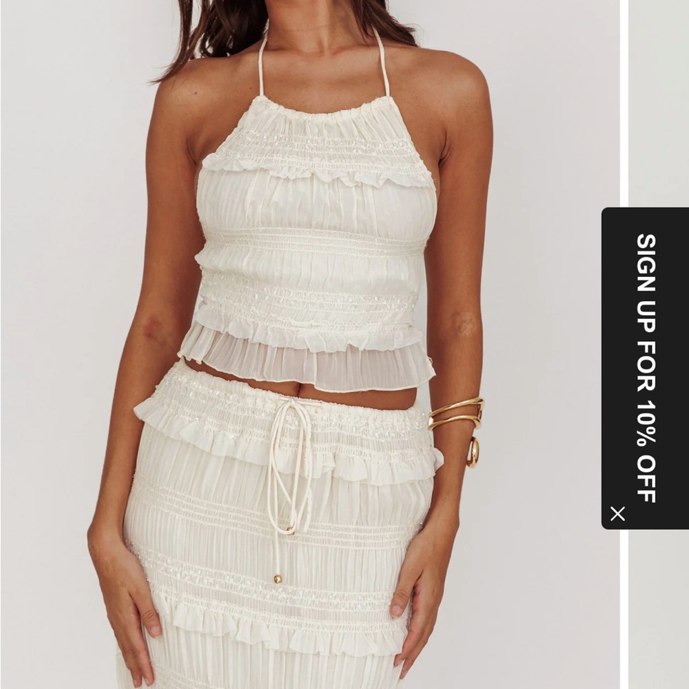 Selfie Leslie Cream Ruffled Halter Crop Top & Skirt Set